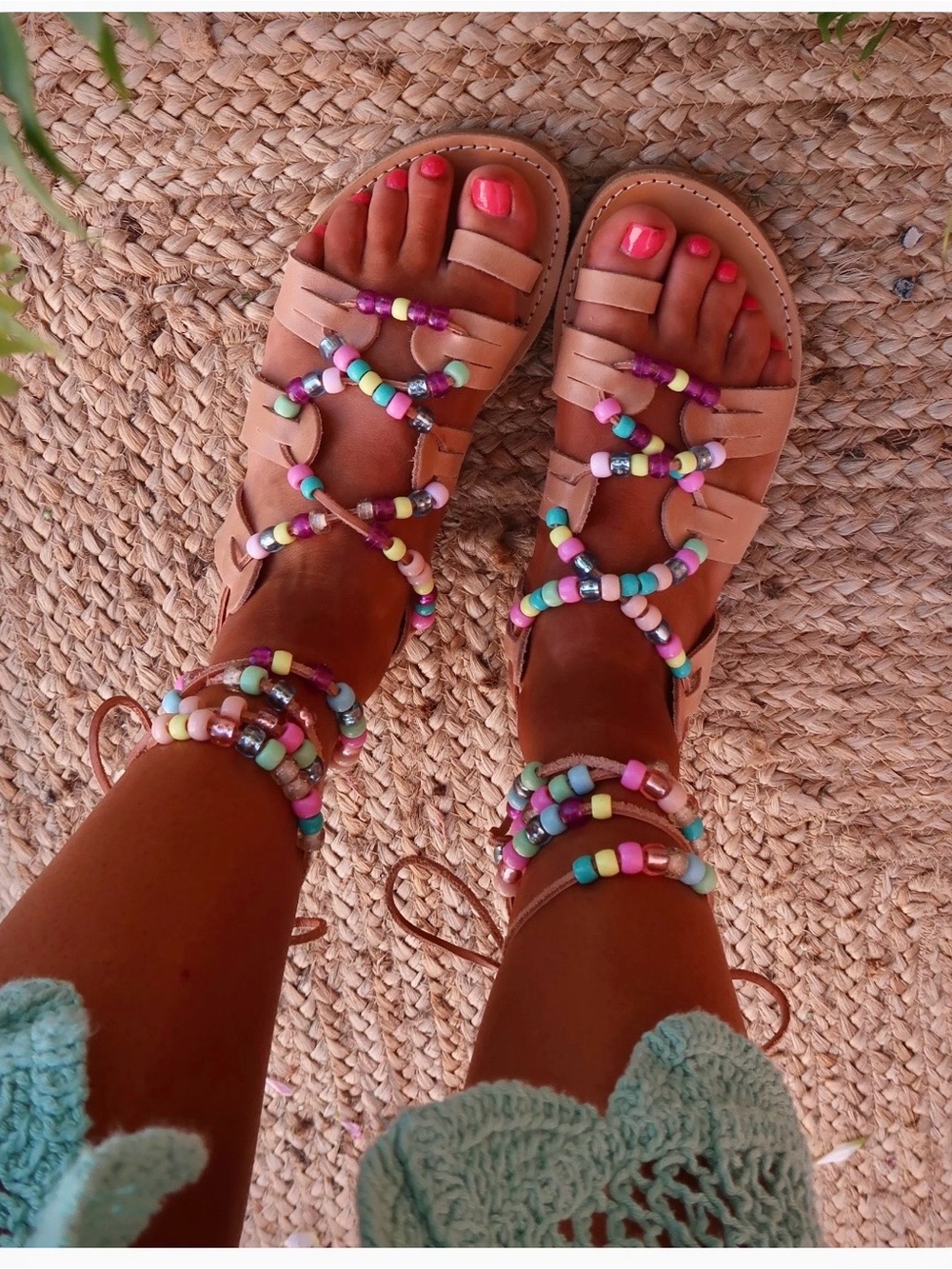 Goupi (Etsy) handmade Greek genuine leather rainbow beaded lace up sandals